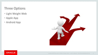Copyright © 2014 Oracle and/or its affiliates. All rights reserved. |
Three Options
• Light Weight Web
• Apple App
• Android App
Oracle Confidential – Internal/Restricted/Highly Restricted 12
 