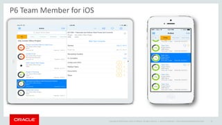 Copyright © 2014 Oracle and/or its affiliates. All rights reserved. |
P6 Team Member for iOS
Oracle Confidential – Internal/Restricted/Highly Restricted 14
 