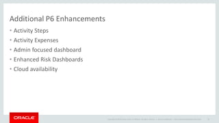 Copyright © 2014 Oracle and/or its affiliates. All rights reserved. |
Additional P6 Enhancements
• Activity Steps
• Activity Expenses
• Admin focused dashboard
• Enhanced Risk Dashboards
• Cloud availability
Oracle Confidential – Internal/Restricted/Highly Restricted 32
 