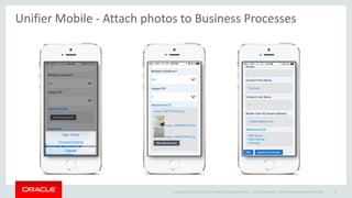 Copyright © 2014 Oracle and/or its affiliates. All rights reserved. |
Unifier Mobile - Attach photos to Business Processes
Oracle Confidential – Internal/Restricted/Highly Restricted 41
 