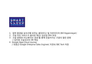 1. 업무 환경을 송두리째 바꾸는 클라우드/ 빌 히픈마이어 (Bill Hippenmeyer)
2. 구글 지도 서비스가 불러온 혁신/ 김선경 SPH 부장
3. 구글 문화와 이노베이션-‘공유’를 통해 만들어가는 구글의 열린 문화
    / 김지영 구글코리아 HR 책임
4. Google Apps Cloud Journey
   / 최명근 Google Enterprise Sales Engineer, 지연숙 SBC Tech 차장
 