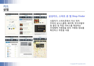 카드
상점

     삼성카드, 스마트 폰 앱 Shop Finder

     사용자가 스마트폰에서 자신 위치
     주위의 보너스클럽, 페이백, 무이자할부
     등 할인 및 적립 서비스를 제공하는
     우대혜택 가맹점을 찾아 가맹점 정보를
     확인하고 쿠폰을 사용




                   © Copyright SPH Corporation 2012
 