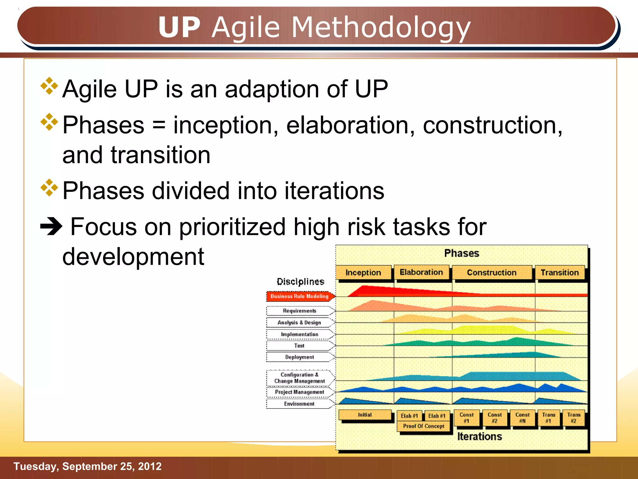 UP Agile Methodology

     Agile UP is an adaption of UP
     Phases = inception, elaboration, construction,
      and transition
     Phases divided into iterations
     Focus on prioritized high risk tasks for
      development




Tuesday, September 25, 2012                            Page: 11
 