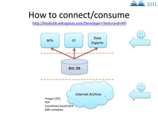 How to connect/consume
http://biodivlib.wikispaces.com/Developer+Tools+and+API


                                        D...