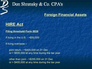 Foreign Financial Assets

HIRE Act
Filing threshold Form 8938

If living in the U.S. - >$50,000

If living overseas –

   joint return - >$400,000 on 31 Dec
   or > $600,000 at any time during the tax year

   other than joint - >$200,000 on 31 Dec
   or > $400,000 at any time during the tax year
 