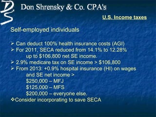 U.S. Income taxes

Self-employed individuals

 Can deduct 100% health insurance costs (AGI)
 For 2011, SECA reduced from 14.1% to 12.28%
      up to $106,800 net SE income.
 2.9% medicare tax on SE income > $106,800
 From 2013: +0.9% hospital insurance (HI) on wages
      and SE net income >
      $250,000 – MFJ
      $125,000 – MFS
      $200,000 – everyone else.
Consider incorporating to save SECA
 