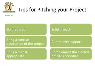Tips	
 for	
 Pitching	
 your	
 Project	
 


Go	
 prepared	
                            Solid	
 project	
 

Bring	
 a	
 concise	
 
                                             Community	
 support	
 
descrip(on	
 of	
 the	
 project	
 	
 

Bring	
 a	
 map	
 if	
                   Complement	
 the	
 elected	
 
appropriate	
                               oﬃcial’s	
 priori(es	
 
 