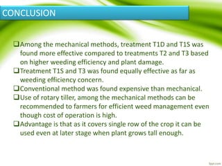 CONCLUSION
Among the mechanical methods, treatment T1D and T1S was
found more effective compared to treatments T2 and T3 based
on higher weeding efficiency and plant damage.
Treatment T1S and T3 was found equally effective as far as
weeding efficiency concern.
Conventional method was found expensive than mechanical.
Use of rotary tiller, among the mechanical methods can be
recommended to farmers for efficient weed management even
though cost of operation is high.
Advantage is that as it covers single row of the crop it can be
used even at later stage when plant grows tall enough.
 