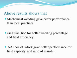 Above results shows that
 Mechanical weeding gave better performance
than local practices.
 use CIAE hoe for better weeding percentage
and field efficiency.
 AAI hoe of 3-fork gave better performance for
field capacity and ratio of man-h .
 