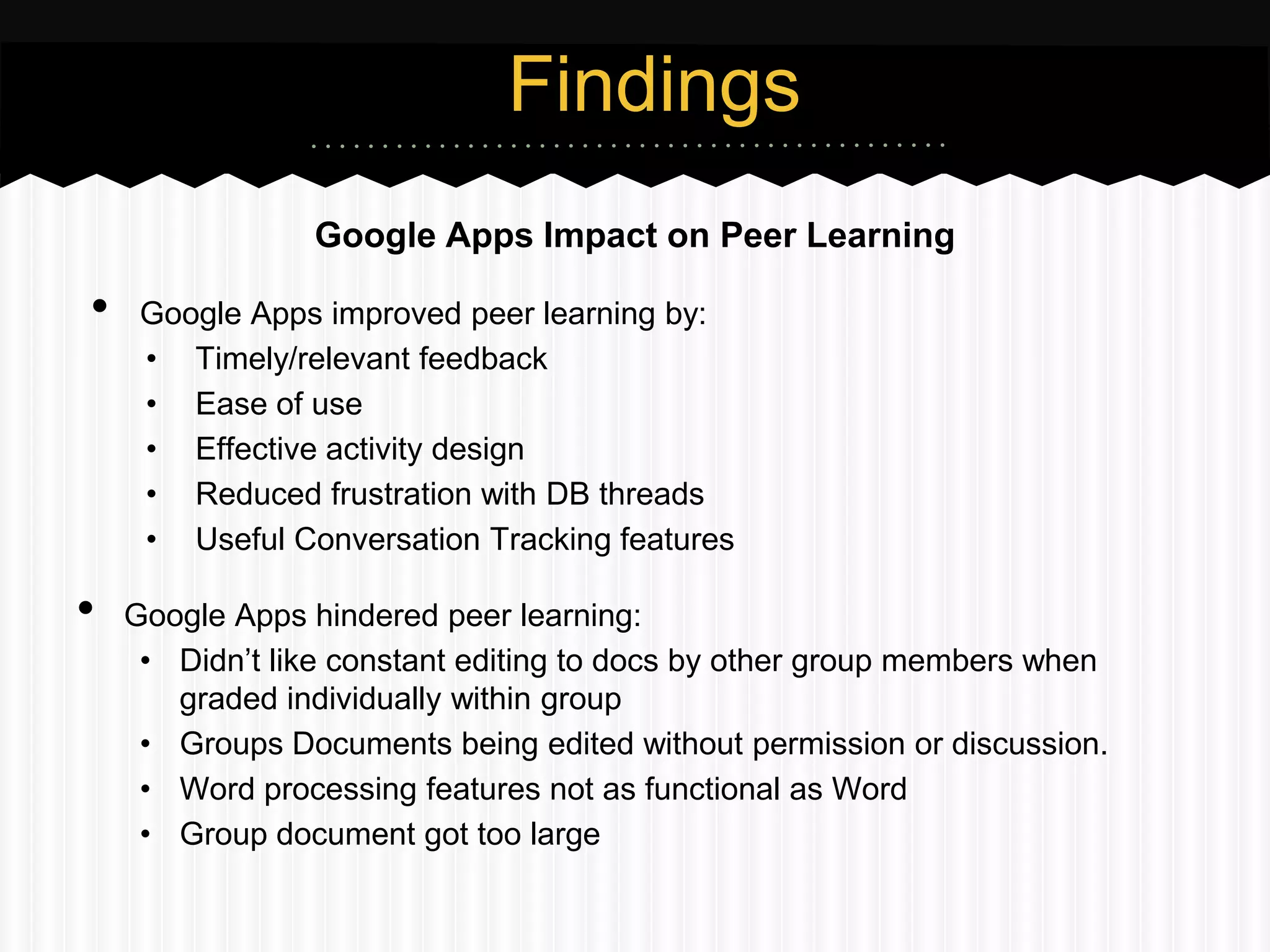 Findings
                Google Apps Impact on Peer Learning

•    Google Apps improved peer learning by:
     • Timely/relevant feedback
     • Ease of use
     • Effective activity design
     • Reduced frustration with DB threads
     • Useful Conversation Tracking features

•   Google Apps hindered peer learning:
     • Didn’t like constant editing to docs by other group members when
       graded individually within group
     • Groups Documents being edited without permission or discussion.
     • Word processing features not as functional as Word
     • Group document got too large
 