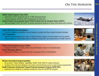On The Horizon   14.0




EMEDS Health Response Team (HRT)
» Implement 10 HRT equipment sets & 12 HRT personnel teams
» Assess Collective Protection (CP) requirements for Utilis tents
Tactical Critical Care Evacuation Team (TCCET)/Critical Care Air Transport Teams (CCATT):
» Train and deploy TCCET for CCATT at certain operational locations to cover rotary/fixed wing missions




                                                                                                               The Future Of The AFMS Is Now
Project ECHO (On-Line Consultation):
» Launch of diabetes consultation service between Lackland and three medical treatment facilities
PC2-Z (Genomics):
» Integrate pharmacogenomics as part of clinical decision support for personalized care for patients
» Assess results of Clinical Utility Study on influence of genomic risk assessments on health behavior



Patient Centered Medical Home (PCMH):
» Implement PCMH in 75 Family Health clinics/69 Pediatric clinics for 1M beneficiaries
Secure Messaging (MiCare):
» Deployment of MiCare, a secure electronic messaging to 65% of beneficiaries




Modular Aeromedical Staging Capability:
» Re-structure “Patient Staging” capabilities: MASF, CASF, DASF to create continuum
» Combine UTCs into Force Modules and create a formal training course to meet mission requirements
Health Professions Scholarship Program/Financial Assistance Program (HPSP/FAP):
» Implement new initiatives to maximize enrollment in the AF’s HPSP/FAP program
 