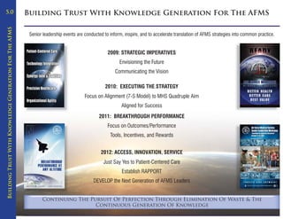5.0
Building Trust With Knowledge Generation For The AFMS
                                                        Building Trust With Knowledge Generation For The AFMS

                                                         Senior leadership events are conducted to inform, inspire, and to accelerate translation of AFMS strategies into common practice.


                                                                                                  2009: STRATEGIC IMPERATIVES
                                                                                                        Envisioning the Future
                                                                                                      Communicating the Vision

                                                                                                2010: EXECUTING THE STRATEGY
                                                                                      Focus on Alignment (7-S Model) to MHS Quadruple Aim
                                                                                                         Aligned for Success

                                                                                             2011: BREAKTHROUGH PERFORMANCE
                                                                                                  Focus on Outcomes/Performance
                                                                                                   Tools, Incentives, and Rewards


                                                                                              2012: ACCESS, INNOVATION, SERVICE
                                                                                                Just Say Yes to Patient-Centered Care
                                                                                                         Establish RAPPORT
                                                                                          DEVELOP the Next Generation of AFMS Leaders


                                                               Continuing The Pursuit Of Perfection Through Elimination Of Waste & The
                                                                                Continuous Generation Of Knowledge
 