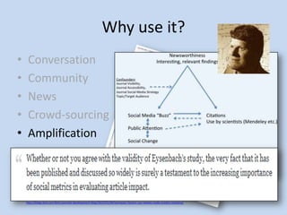 Why use it?
•    Conversation
•    Community
•    News
•    Crowd-sourcing
•    Amplification




    http://blogs.bmj.com/bmj-journals-development-blog/2012/01/06/twimpact-factors-can-tweets-really-predict-citations/
 