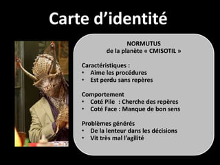 Carte d’identité
                    NORMUTUS
            de la planète « CMISOTIL »

    Caractéristiques :
    • Aime les procédures
    • Est perdu sans repères

    Comportement
    • Coté Pile : Cherche des repères
    • Coté Face : Manque de bon sens

    Problèmes générés
    • De la lenteur dans les décisions
    • Vit très mal l’agilité
 