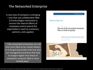 h4ps://www.mckinseyquarterly.com/OrganizaCon/Strategic_OrganizaCon/The_rise_of_the_networked_enterprise_Web_20_ﬁnds_its_payday_2716
A	new	class	of	company	is	emerging
—one	that	uses	collaboraCve	Web	
2.0	technologies	intensively	to	
connect	the	internal	eﬀorts	of	
employees	and	to	extend	the	
organizaCon’s	reach	to	customers,	
partners,	and	suppliers
The	Networked	Enterprise
“…fully	networked	enterprises	are	not	
only	more	likely	to	be	market	leaders	
or	to	be	gaining	market	share	but	also	
use	management	pracCces	that	lead	
to	margins	higher	than	those	of	
companies	using	the	Web	in	more	
limited	ways.”
 
