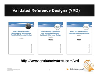 2 2
CONFIDENTIAL
© Copyright 2012. Aruba Networks, Inc.
All rights reserved
Validated Reference Designs (VRD)
http://www.arubanetworks.com/vrd
 