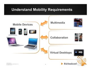 4 4
CONFIDENTIAL
© Copyright 2012. Aruba Networks, Inc.
All rights reserved
Understand Mobility Requirements
Virtual Desktops
Collaboration
Multimedia
Mobile Devices
 
