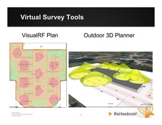 9 9
CONFIDENTIAL
© Copyright 2012. Aruba Networks, Inc.
All rights reserved
Virtual Survey Tools
Outdoor 3D PlannerVisualRF Plan
 