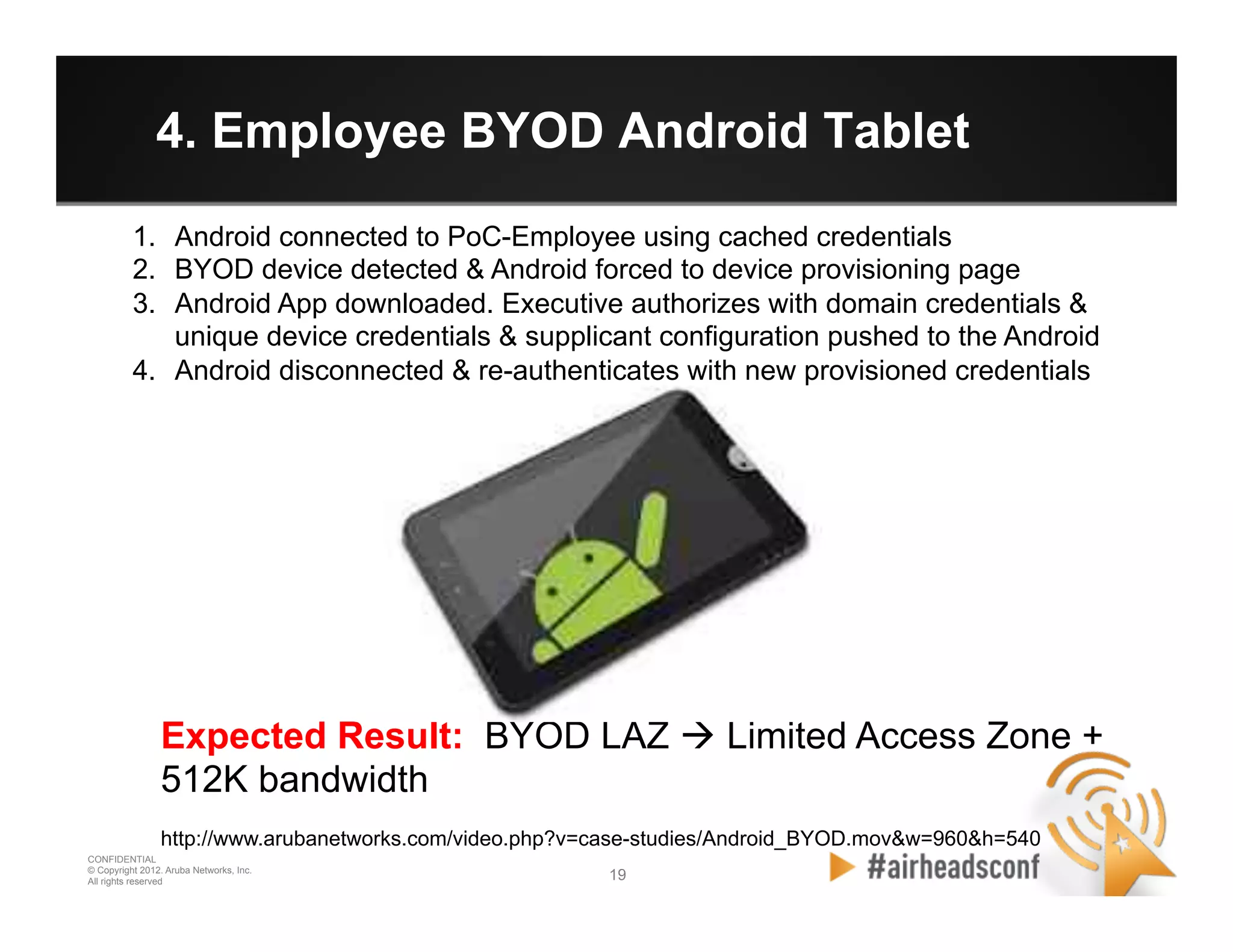 19 19
CONFIDENTIAL
© Copyright 2012. Aruba Networks, Inc.
All rights reserved
4. Employee BYOD Android Tablet
1.  Android connected to PoC-Employee using cached credentials
2.  BYOD device detected & Android forced to device provisioning page
3.  Android App downloaded. Executive authorizes with domain credentials &
unique device credentials & supplicant configuration pushed to the Android
4.  Android disconnected & re-authenticates with new provisioned credentials
Expected Result: BYOD LAZ à Limited Access Zone +
512K bandwidth
http://www.arubanetworks.com/video.php?v=case-studies/Android_BYOD.mov&w=960&h=540
 