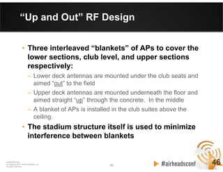 46 46
CONFIDENTIAL
© Copyright 2012. Aruba Networks, Inc.
All rights reserved
“Up and Out” RF Design
• Three interleaved “blankets” of APs to cover the
lower sections, club level, and upper sections
respectively:
– Lower deck antennas are mounted under the club seats and
aimed “out” to the field
– Upper deck antennas are mounted underneath the floor and
aimed straight “up” through the concrete. In the middle
– A blanket of APs is installed in the club suites above the
ceiling.
• The stadium structure itself is used to minimize
interference between blankets
46
 