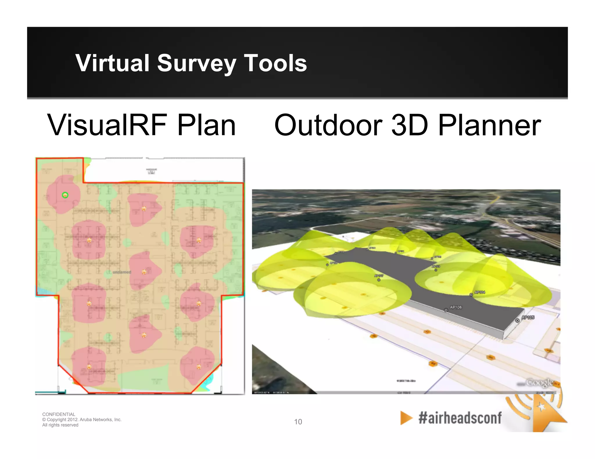 10 10
CONFIDENTIAL
© Copyright 2012. Aruba Networks, Inc.
All rights reserved
Virtual Survey Tools
Outdoor 3D PlannerVisualRF Plan
 