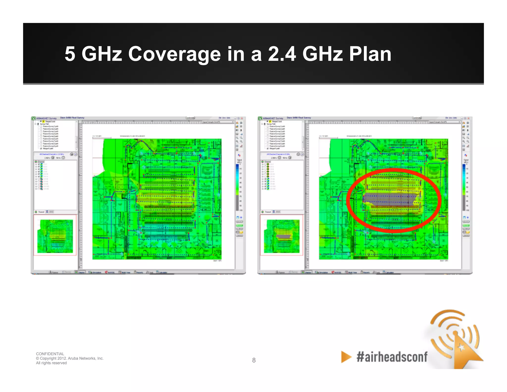 8 8
CONFIDENTIAL
© Copyright 2012. Aruba Networks, Inc.
All rights reserved
5 GHz Coverage in a 2.4 GHz Plan
 