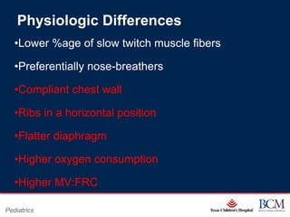 Physiologic Differences
   •Lower %age of slow twitch muscle fibers

   •Preferentially nose-breathers

   •Compliant chest wall

   •Ribs in a horizontal position

   •Flatter diaphragm

   •Higher oxygen consumption

   •Higher MV:FRC
                                    Page 12
Pediatrics              xxx00.#####.ppt 7/10/2012 8:23:12 AM
 