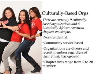 Culturally-Based Orgs
There are currently 9 culturally-
based organizations and 6
historically African-American
chapters on campus.
•Non-residential
•Community service based
•Organizations are diverse and
recruit members regardless of
their ethnic background
•Chapter sizes range from 5 to 20
members
 