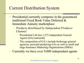 Presidential Life Insurance Company
38
Current Distribution System
• Presidential currently competes in the guaranteed
traditional Fixed Book Value Deferred &
Immediate Annuity marketplace
• Products distributed by Independent Producer
Channel
• Presidential Life has 1,273 independent General
Agents (GA) nationally
• The composition of GA’s include brokerage general
agencies, personal producing GAs as well as small and
large Insurance Marketing Organizations (IMOs)
• Currently we have over 9,000 independent agents
 