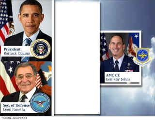 President
  Barrack Obama




                          AMC CC
                          Gen Ray Johns




 Sec. of Defense
 Leon Panetta

Thursday, January 3, 13
 