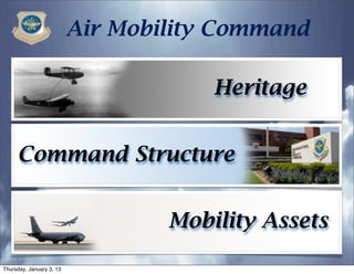 Air Mobility Command

                                      Heritage


     Command Structure


                                  Mobility Assets

Thursday, January 3, 13
 