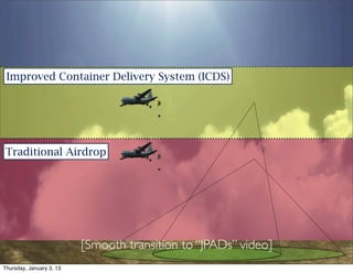 Improved Container Delivery System (ICDS)




 Traditional Airdrop




                          [Smooth transition to “JPADs” video]
Thursday, January 3, 13
 