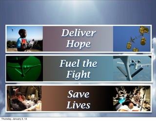 Deliver
                           Hope

                          Fuel the
                           Fight

                           Save
                           Lives
Thursday, January 3, 13
 