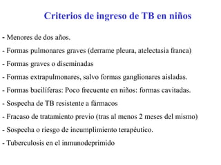 Recomendaciones para la realización de la prueba de la
         tuberculina en niños y adolescentes
                             Documento de consenso SEIP 2010


Inmediata: - Contacto con persona con TB activa (sospecha o certeza)
           - Clínica o radiología sugestiva de enfermedad
           - Inmigrantes o adoptados
           - Niños viajeros procedentes de zonas endémicas.
             Recomendable 10 semanas después del regreso
           - Antes de terapia inmunosupresora, esteroides o anti-TNF

Anual:     - Infectados por VIH
           - Adolescentes en prisión
           - Niños que viven en comunidades con marginación social

                                Moreno D. Anal Esp Ped 2010; 4: 283e1-283e14
 