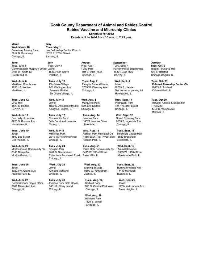 Cook County Rabies Clinics Schedule PDF