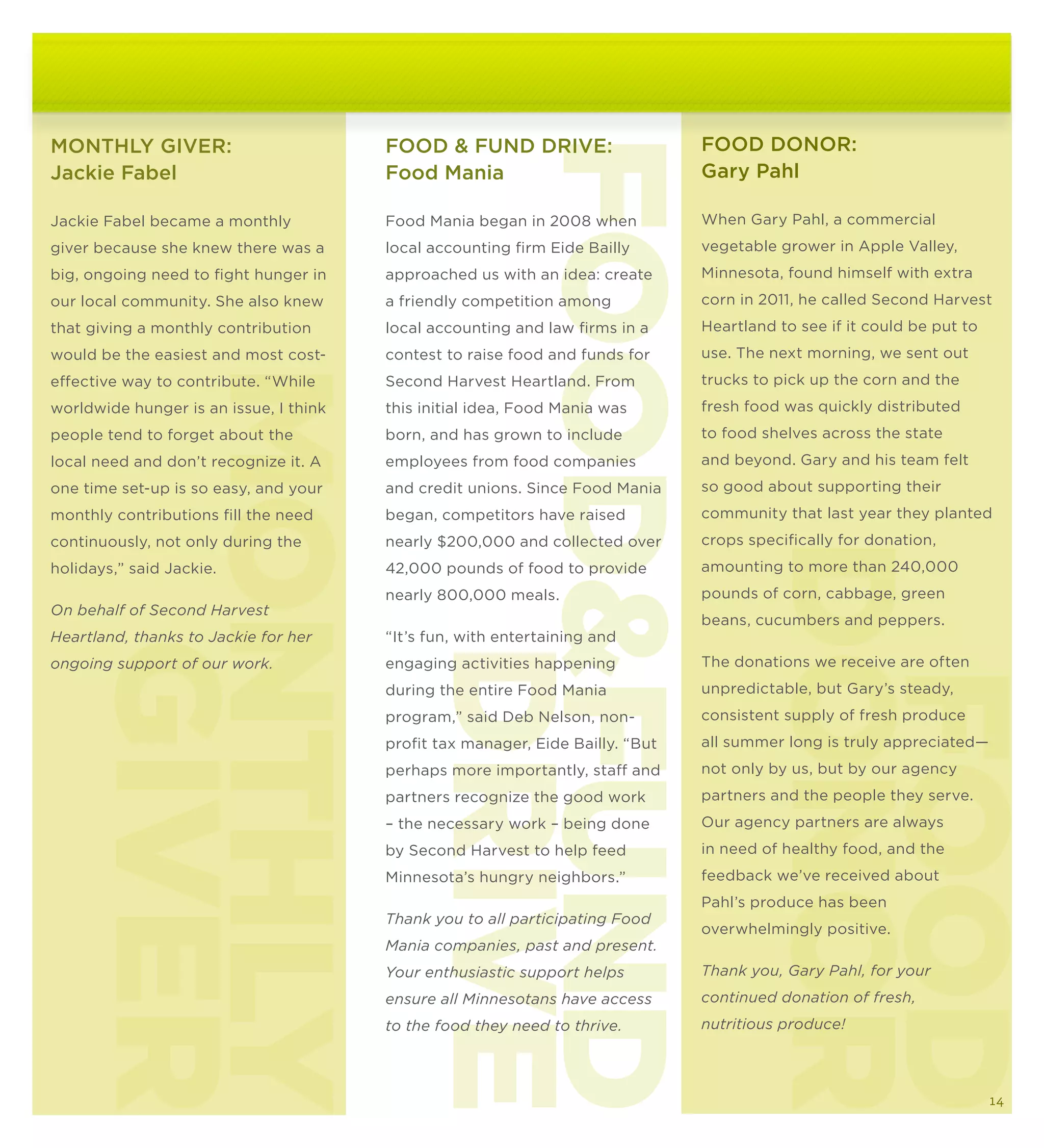 MONTHLY GIVER:                          FOOD  FUND DRIVE:                      FOOD DONOR:




                                           FOODFUND
Jackie Fabel                            Food Mania                              Gary Pahl

Jackie Fabel became a monthly           Food Mania began in 2008 when           When Gary Pahl, a commercial
giver because she knew there was a      local accounting firm Eide Bailly       vegetable grower in Apple Valley,
big, ongoing need to fight hunger in    approached us with an idea: create      Minnesota, found himself with extra
our local community. She also knew      a friendly competition among            corn in 2011, he called Second Harvest
that giving a monthly contribution      local accounting and law firms in a     Heartland to see if it could be put to
would be the easiest and most cost-     contest to raise food and funds for     use. The next morning, we sent out
  MONTHLY
effective way to contribute. “While     Second Harvest Heartland. From          trucks to pick up the corn and the
worldwide hunger is an issue, I think   this initial idea, Food Mania was       fresh food was quickly distributed
people tend to forget about the         born, and has grown to include          to food shelves across the state
local need and don’t recognize it. A    employees from food companies           and beyond. Gary and his team felt
one time set-up is so easy, and your    and credit unions. Since Food Mania     so good about supporting their
monthly contributions fill the need     began, competitors have raised          community that last year they planted
continuously, not only during the       nearly $200,000 and collected over      crops specifically for donation,




                                                                                      DONOR
holidays,” said Jackie.                 42,000 pounds of food to provide        amounting to more than 240,000
                                        nearly 800,000 meals.                   pounds of corn, cabbage, green
On behalf of Second Harvest
                                                                                beans, cucumbers and peppers.
Heartland, thanks to Jackie for her     “It’s fun, with entertaining and
    GIVER

                                                DRIVE
ongoing support of our work.            engaging activities happening           The donations we receive are often




                                                                                       FOOD
                                        during the entire Food Mania            unpredictable, but Gary’s steady,
                                        program,” said Deb Nelson, non-         consistent supply of fresh produce
                                        profit tax manager, Eide Bailly. “But   all summer long is truly appreciated—
                                        perhaps more importantly, staff and     not only by us, but by our agency
                                        partners recognize the good work        partners and the people they serve.
                                        – the necessary work – being done       Our agency partners are always
                                        by Second Harvest to help feed          in need of healthy food, and the
                                        Minnesota’s hungry neighbors.”          feedback we’ve received about
                                                                                Pahl’s produce has been
                                        Thank you to all participating Food
                                                                                overwhelmingly positive.
                                        Mania companies, past and present.
                                        Your enthusiastic support helps         Thank you, Gary Pahl, for your
                                        ensure all Minnesotans have access      continued donation of fresh,
                                        to the food they need to thrive.        nutritious produce!




                                                                                                                         14
 