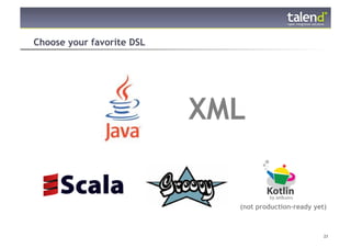 Choose your favorite DSL




                           XML

                             (not production-ready yet)



© Talend 2011                                         23
 
