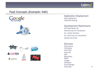 PaaS Concepts (Example: GAE)
                               Application Deployment
                               Easy Deployment
                               Automatic Scaling


                               Development Restrictions
                               JRE Class White List
                               Workarounds for Frameworks
                               No „naked“ Domains
                               No „write once run everywhere“
                               Quotas and Limits


                               Services
                               Push Queue
                               Pull Queue
                               URL Fetch
                               Accounts
                               Mail
                               Memcache
                               XMPP
                               Images
                               Datastore
                               Cloud Storage
© Talend 2011                  Cloud SQL                        38
 