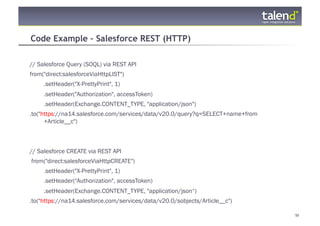 Code Example – Salesforce REST (HTTP)

// Salesforce Query (SOQL) via REST API
from("direct:salesforceViaHttpLIST")
       .setHeader("X-PrettyPrint", 1)
       .setHeader("Authorization", accessToken)
       .setHeader(Exchange.CONTENT_TYPE, "application/json")
.to("https://na14.salesforce.com/services/data/v20.0/query?q=SELECT+name+from
      +Article__c")



// Salesforce CREATE via REST API
from("direct:salesforceViaHttpCREATE")
       .setHeader("X-PrettyPrint", 1)
       .setHeader("Authorization", accessToken)
       .setHeader(Exchange.CONTENT_TYPE, "application/json“)
.to("https://na14.salesforce.com/services/data/v20.0/sobjects/Article__c")

© Talend 2011                                                                   55
 