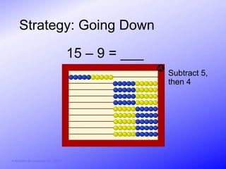 Strategy: Going Down

                                        15 – 9 = ___
                                                       Subtract 5,
                                                       then 4




© Activities for Learning, Inc., 2012
 