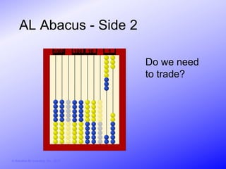 AL Abacus - Side 2
                               1000     100   10   1

                                                       Do we need
                                                       to trade?




© Activities for Learning, Inc., 2012
 