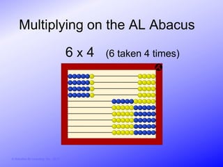 Multiplying on the AL Abacus

                                        6x4   (6 taken 4 times)




© Activities for Learning, Inc., 2012
 