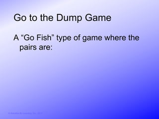 Go to the Dump Game
     A “Go Fish” type of game where the
      pairs are:




© Activities for Learning, Inc., 2012
 