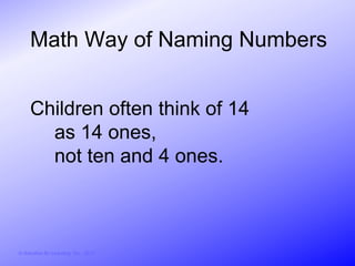 Math Way of Naming Numbers


     Children often think of 14
       as 14 ones,
       not ten and 4 ones.



© Activities for Learning, Inc., 2012
 