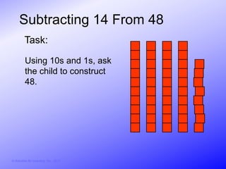 Subtracting 14 From 48
         Task:

          Using 10s and 1s, ask
          the child to construct
          48.




© Activities for Learning, Inc., 2012
 