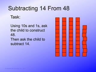 Subtracting 14 From 48
         Task:

          Using 10s and 1s, ask
          the child to construct
          48.
          Then ask the child to
          subtract 14.




© Activities for Learning, Inc., 2012
 