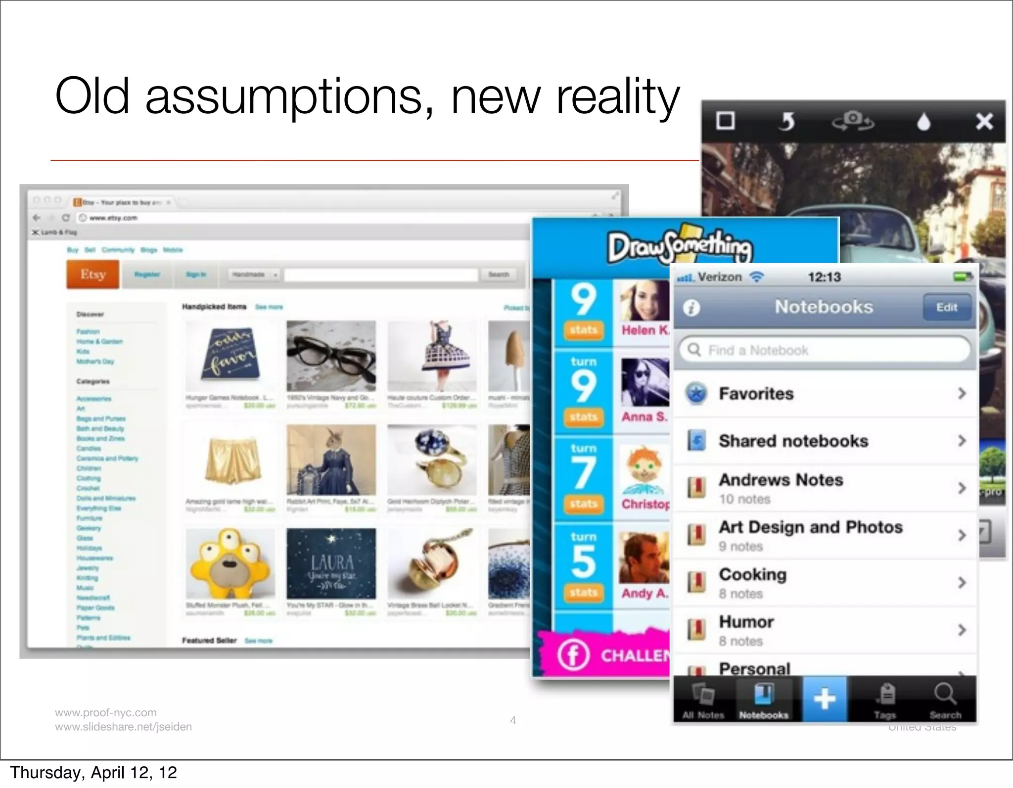 Old assumptions, new reality




     www.proof-nyc.com                License: CC BY-NC-SA
                                  4
     www.slideshare.net/jseiden                 United States



Thursday, April 12, 12
 
