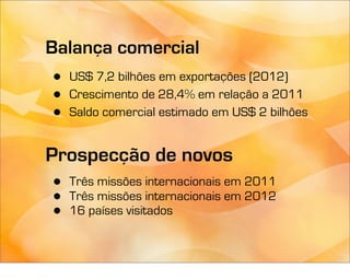 Balança comercial
•   US$ 7,2 bilhões em exportações (2012)
•   Crescimento de 28,4% em relação a 2011
•   Saldo comercial estimado em US$ 2 bilhões


Prospecção de novos
•   Três missões internacionais em 2011
•   Três missões internacionais em 2012
•   16 países visitados
 
