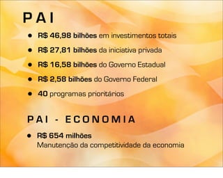 PAI
•   R$ 46,98 bilhões em investimentos totais

•   R$ 27,81 bilhões da iniciativa privada

•   R$ 16,58 bilhões do Governo Estadual

•   R$ 2,58 bilhões do Governo Federal

•   40 programas prioritários


PAI - ECONOMIA
•   R$ 654 milhões
    Manutenção da competitividade da economia
 