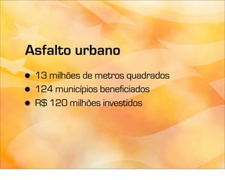 Asfalto urbano
• 13 milhões de metros quadrados
• 124 municípios beneficiados
• R$ 120 milhões investidos
 